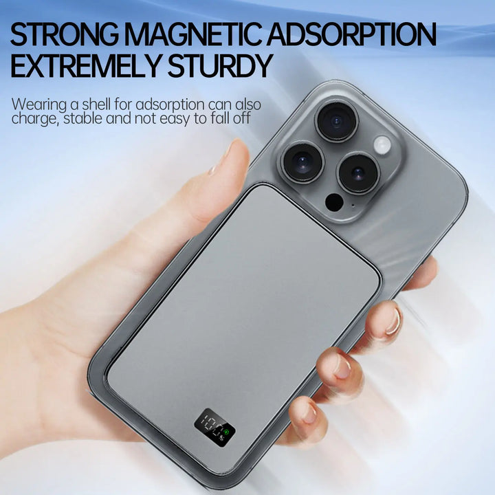 Stijlvolle ultradunne magnetische powerbank. Draadloos opladen met handig LED display. Mobiel accessoire.