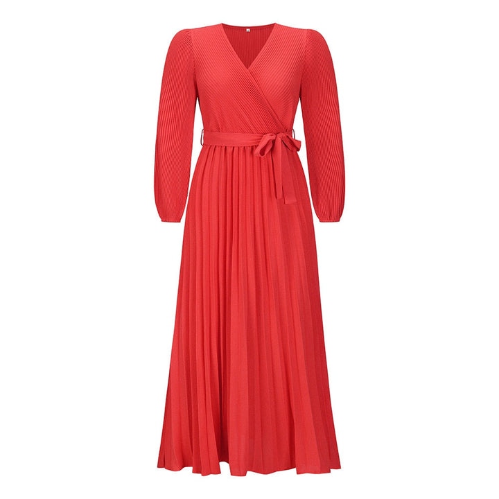 Modieuze dames maxi jurk met diepe V-hals en elegante plooien, ideaal voor warme zomeravonden.