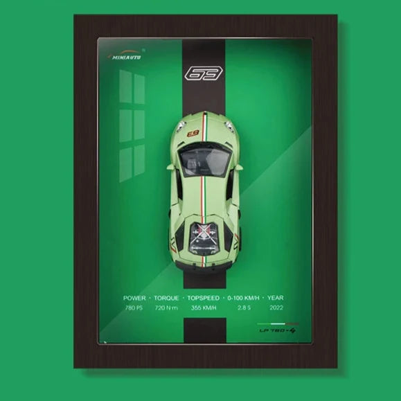 Handgemaakt ogend 3D automodel in luxe lijst, exclusieve muurkunst en top cadeau voor autoverzamelaars.