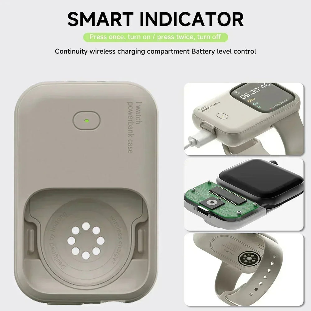 Apple Watch draadloos opladen met compacte powerbank; essentiële accessoire voor onderweg en reizen.