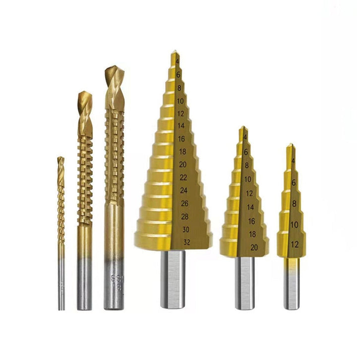 Complete 6-delige titanium boorset in handige verpakking, klaar voor elk boorproject in metaal of hout.