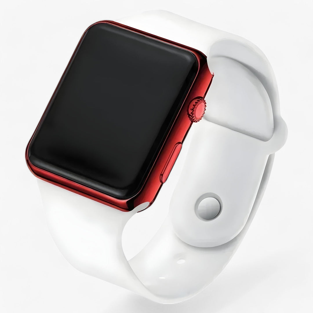 Vierkant digitaal unisex horloge Leo met zachte siliconen band voor een comfortabele en tijdloze pasvorm. Sportief accessoire.
