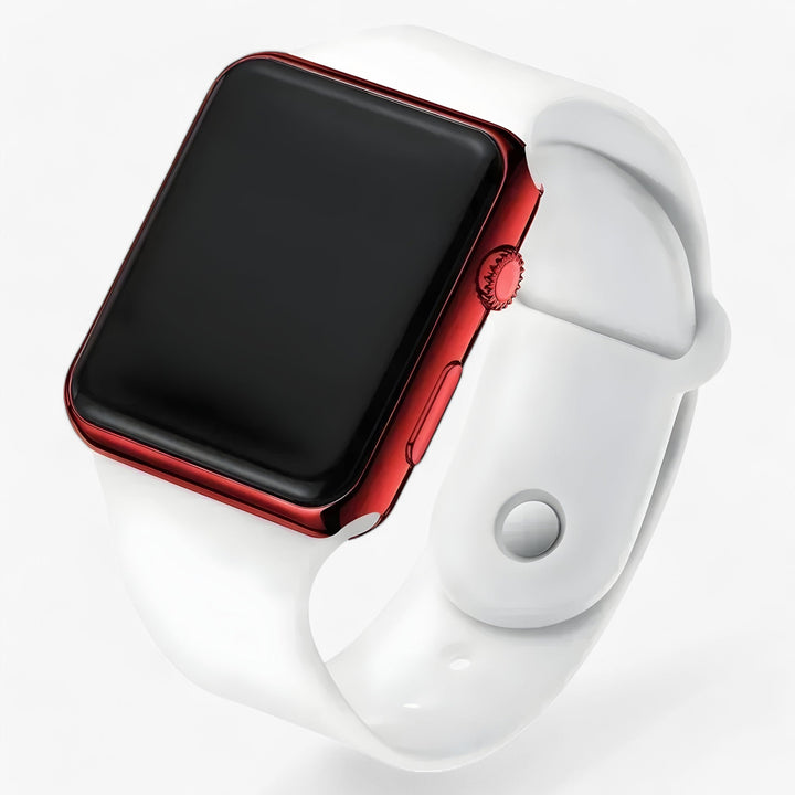 Vierkant digitaal unisex horloge Leo met zachte siliconen band voor een comfortabele en tijdloze pasvorm. Sportief accessoire.