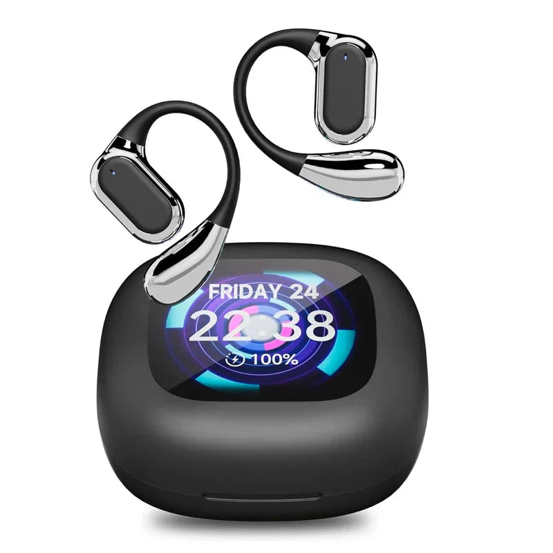 Lexora realtime vertaal-oordopjes met draadloze oplaadcase en LCD touchscreen voor directe vertaling.