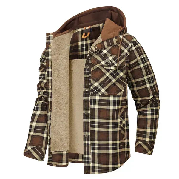 Close-up van de capuchon en het ruitdessin van dit trendy heren overshirt.