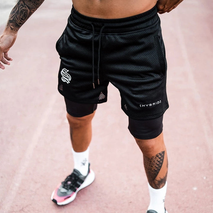 Vochtregulerende heren sportshorts 2-in-1, ideaal voor workout en sportkleding.