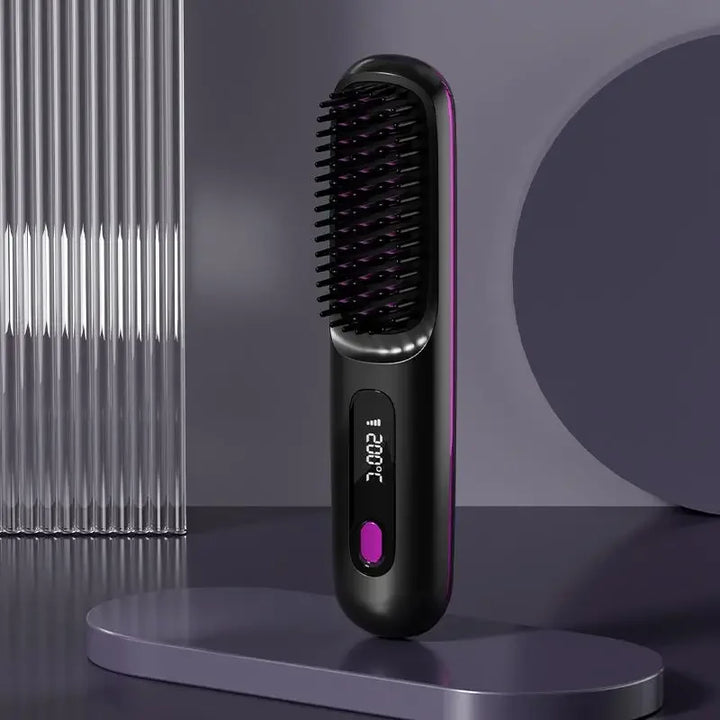 Elegante zwarte draadloze haarstyler; compact reisformaat met keramiek, ionen en USB-oplader.
