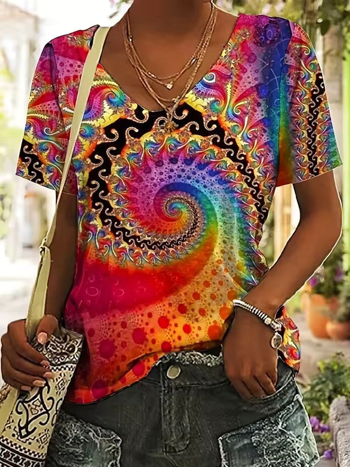 Dames t-shirt van Hoymans: retro V-hals met unieke opvallende print, perfecte modieuze korte mouwen voor casual zomerstijl.