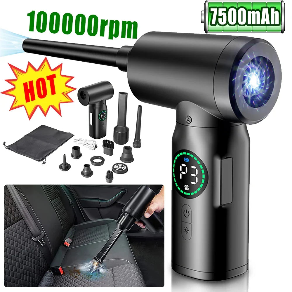 Draagbare AirMaster 2-in-1 persluchtstofzuiger & luchtblazer met LED-licht voor grondig schoonmaken.