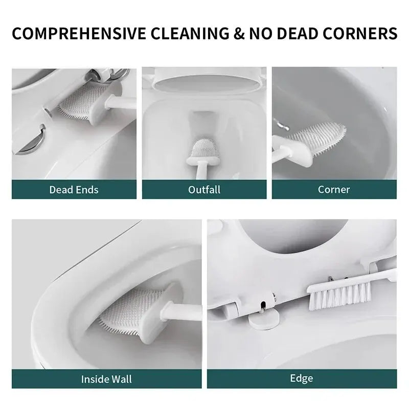 Ruimtebesparende siliconen wc-borstelset met wandmontage, ideaal voor optimale hygiëne in moderne badkamers.