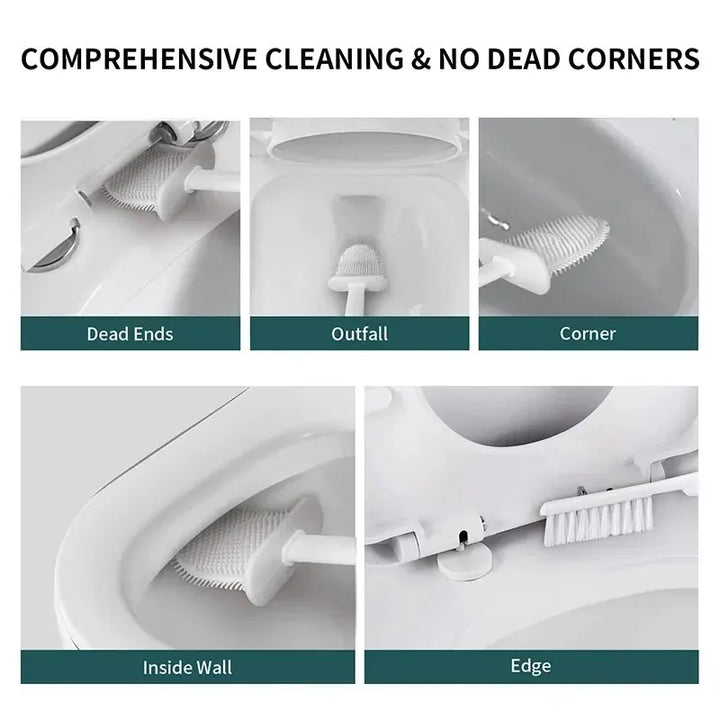 Ruimtebesparende siliconen wc-borstelset met wandmontage, ideaal voor optimale hygiëne in moderne badkamers.