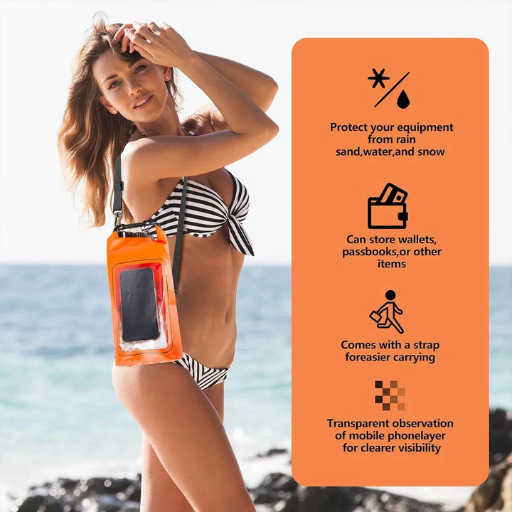 Essentiële waterdichte reistas, 2L, beschermt telefoon en spullen bij watersport en strand.