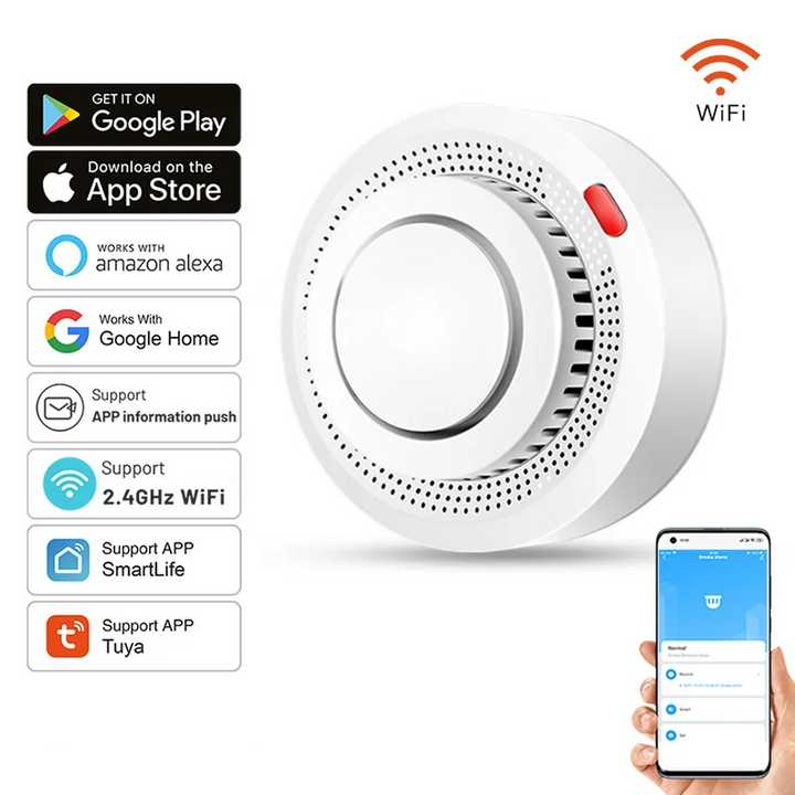 Detail van slimme rookmelder met LED-indicator en testknop, voor optimale huisveiligheid via WiFi.
