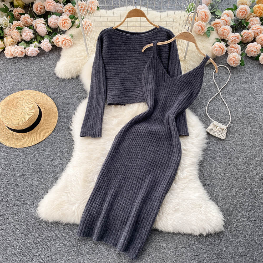 Grijze 2-delige dames comfy set met pofmouwen trui en stretch jurk.