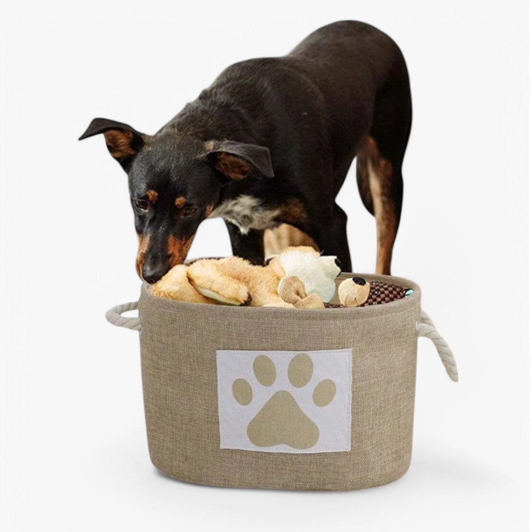 Opvouwbare speelgoedmand Livia voor honden, met stevige touw handgreep. Perfecte huisdier opbergmand.