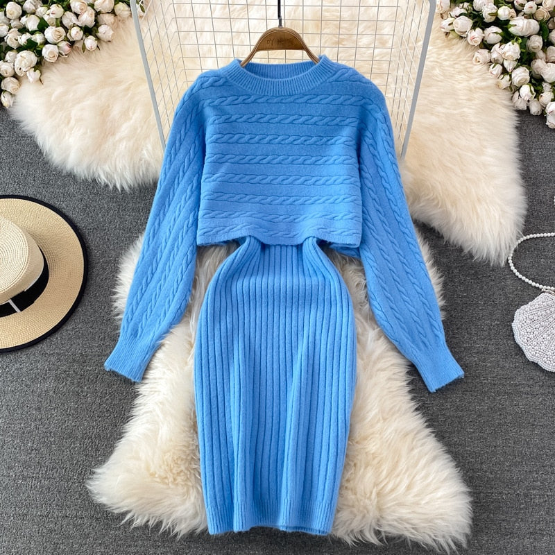 Comfy dames set met elegante trui en stretch jurk, perfect voor een modieuze look.
