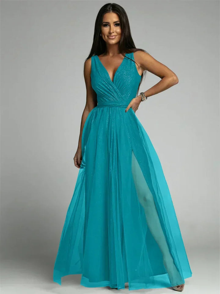 Flatterende mouwloze V-hals jurk, elegante avondkleding met split, geschikt voor alle dames.