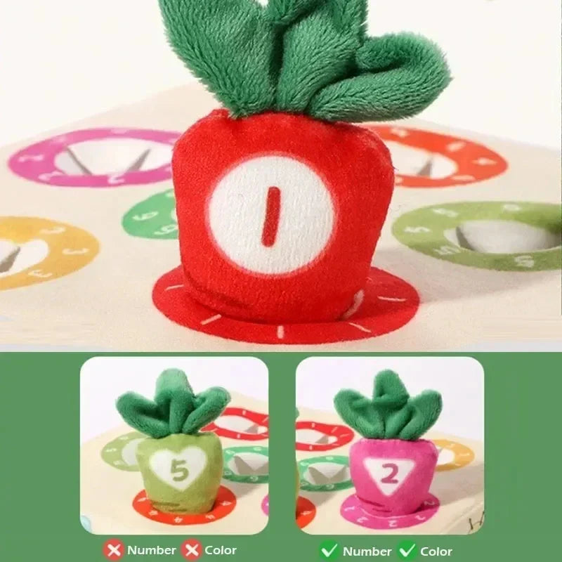 Kleine handjes trekken aan een pluche wortel van het Montessori baby speelgoed. Stimuleert grip en coördinatie.