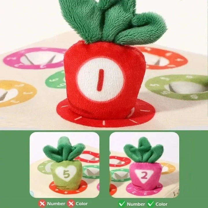 Kleine handjes trekken aan een pluche wortel van het Montessori baby speelgoed. Stimuleert grip en coördinatie.