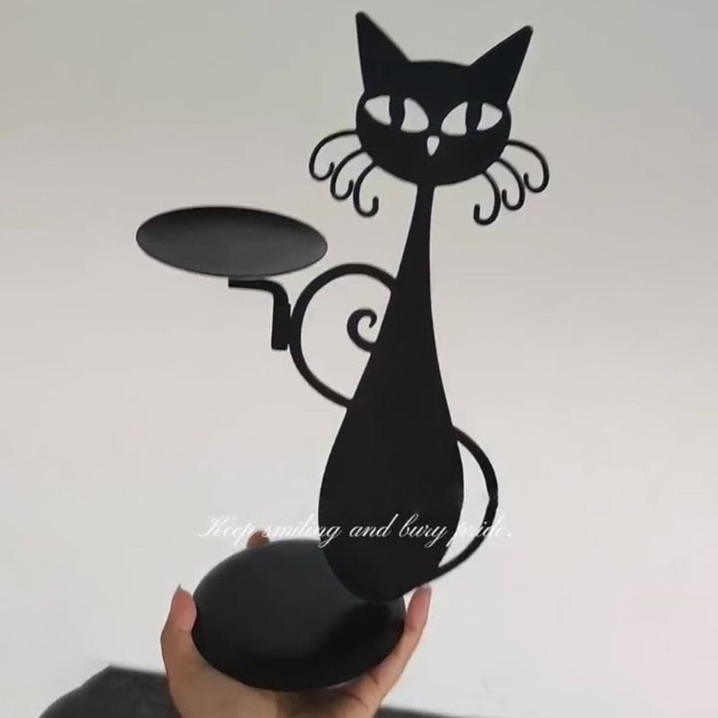 Unieke zwarte kat kaarsenhouder, perfect cadeau voor kattenliefhebbers en woonaccessoires.