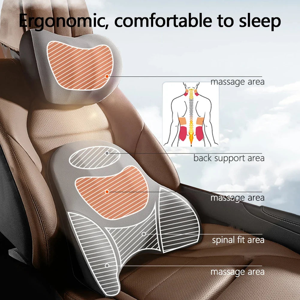 Zijkant van het grijze auto massagekussen, toont de ergonomische vorm voor nek- en rugondersteuning.