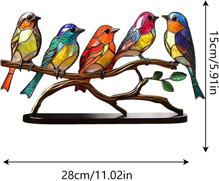 Mooi decoratief beeld: meerdere gekleurde vogels op een boomtak. Perfecte woondecoratie.