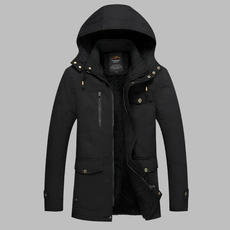 Stijlvolle heren parka winterjas, waterdicht en warm, met luxe bontkraag en duurzame buitenlaag.