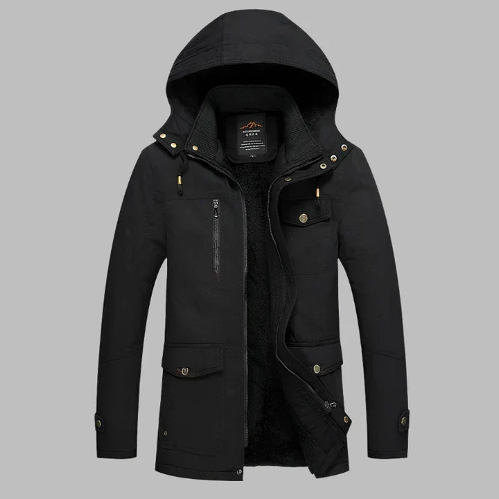Stijlvolle heren parka winterjas, waterdicht en warm, met luxe bontkraag en duurzame buitenlaag.