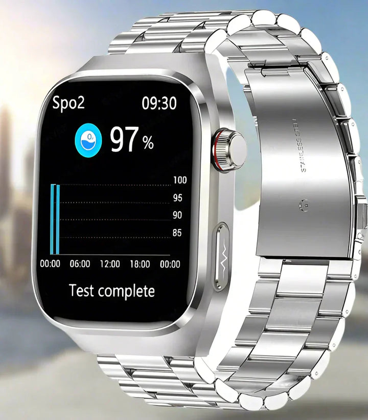 Digitale smartwatch met fitness tracking, ECG en bloedsuiker functionaliteit. Unisex ontwerp.