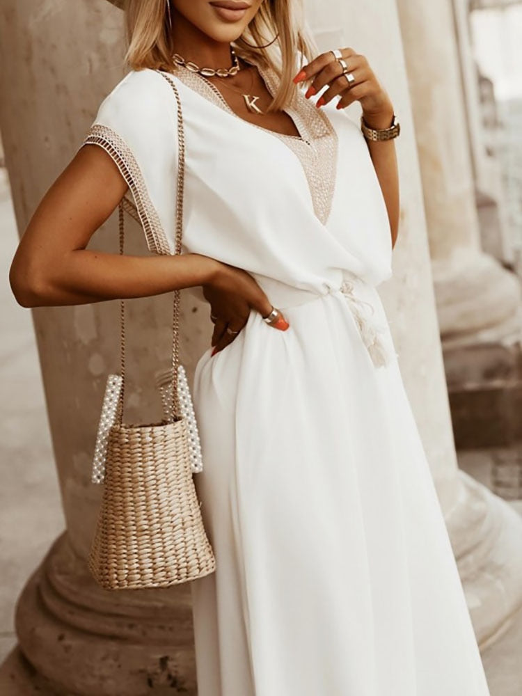 Modieuze witte dames zomer midi jurk met hollow out en patchwork details, comfortabel met hoge taille.