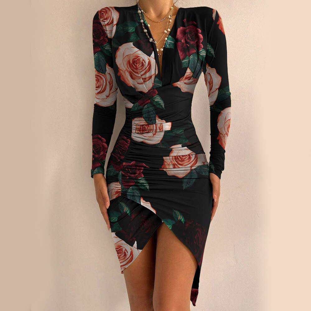 Elegante bodycon mini jurk voor dames, met diepe V-hals en asymmetrische zoom.