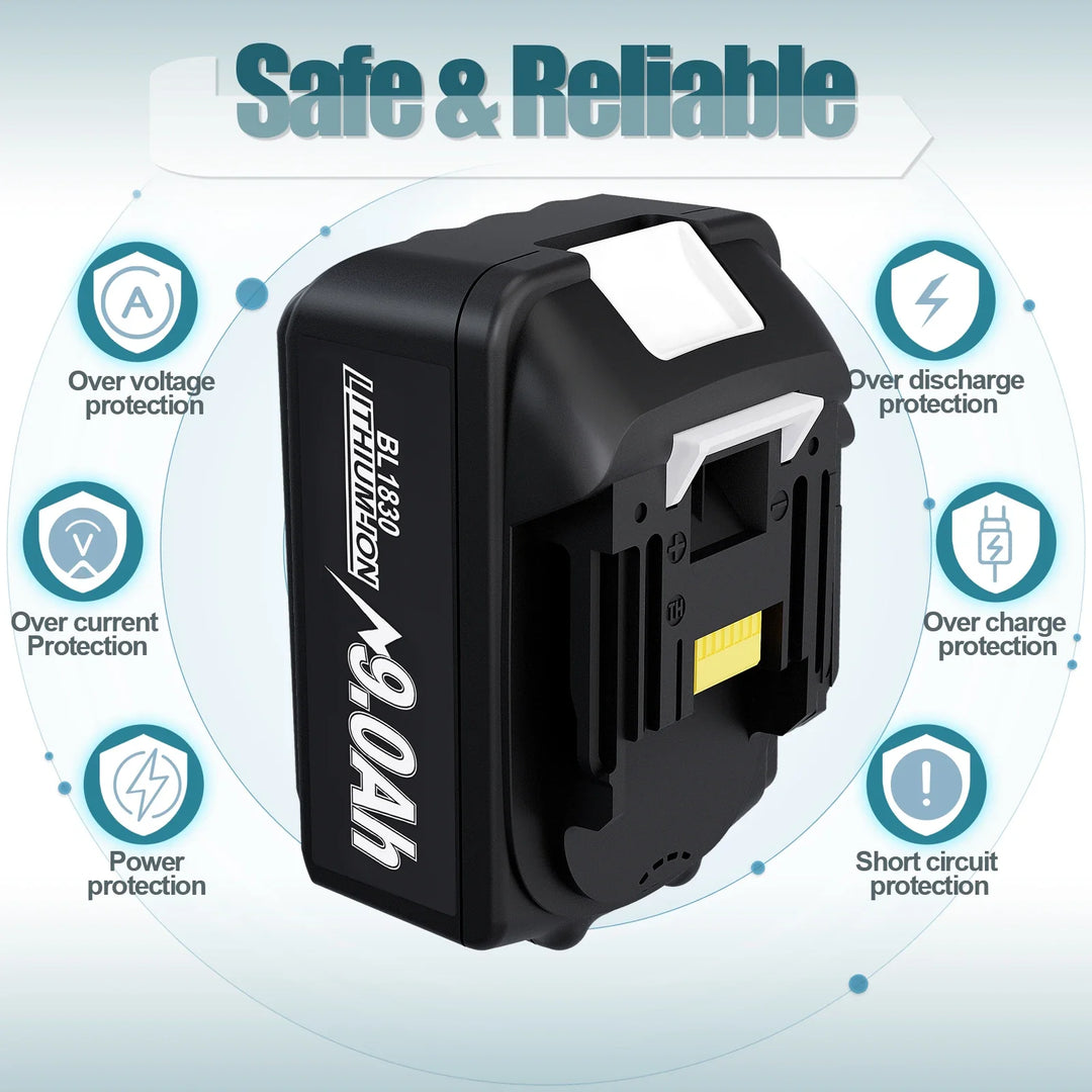 Detailopname van de robuuste Makita 18V 9.0 Ah Li-ion accu. Duurzame krachtbron voor professioneel gereedschap.