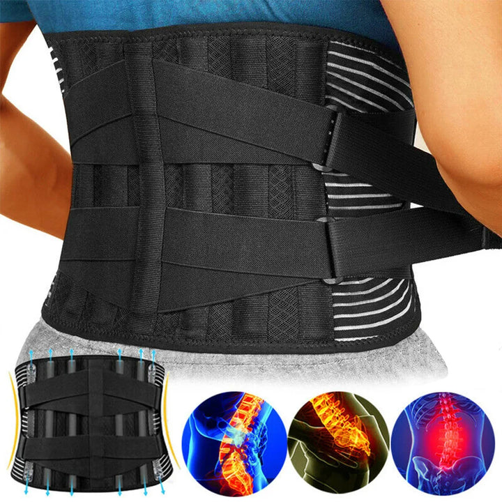 Unisex rugsteunband met 360° lendensteun voor houdingcorrectie en rugpijnverlichting, verstelbaar en ademend.