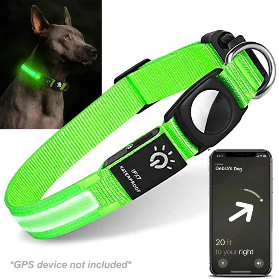 Praktische LED halsband voor honden met trackerhouder, verzekert zichtbaarheid en veiligheid bij elke wandeling.