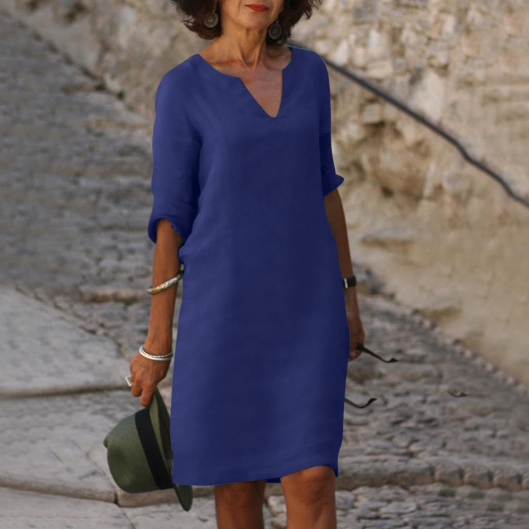 Zomerjurk dames met V-hals, comfortabele midi-jurk met korte mouwen, ideaal voor casual mode.