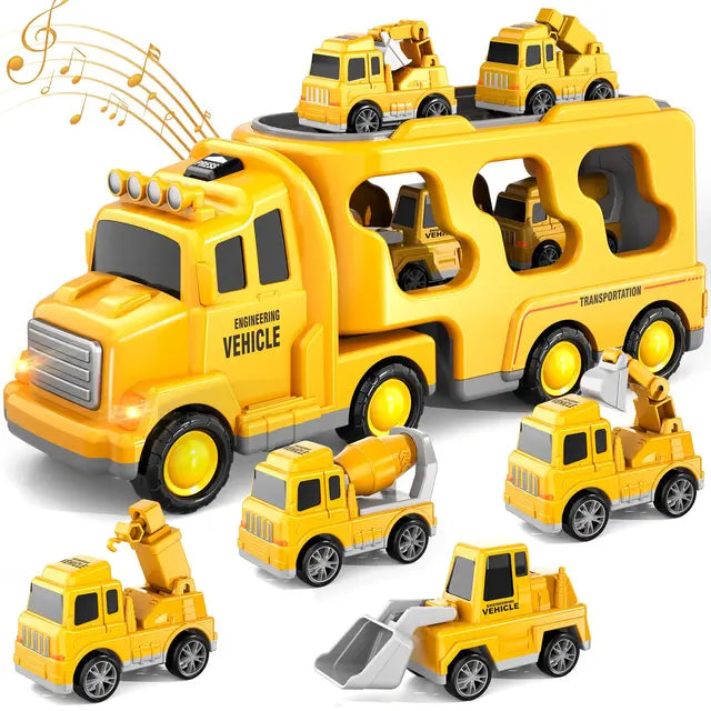 Interactieve dubbellaagse brandweer & bouw vrachtwagen speelset, perfect kindercadeau met leuke muziekfunctie.
