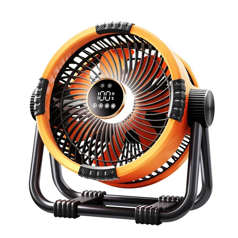 Draagbare campingventilator met 20000mAh accu, helder LED licht en handige afstandsbediening voor kamperen.