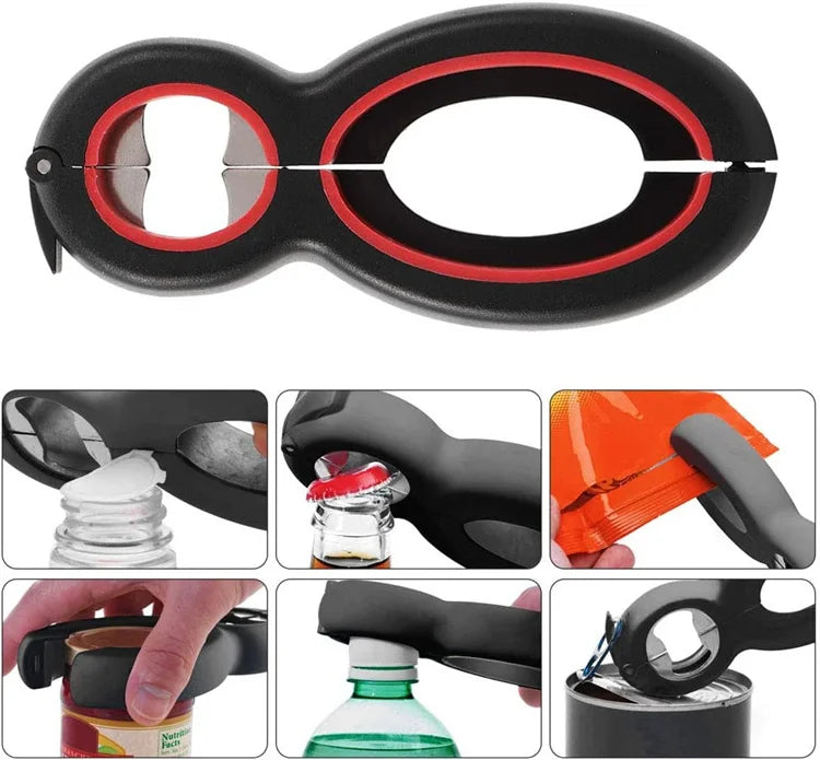 Compact en handig keukenhulpje: universele potopener, flessenopener en blikopener. Ergonomisch design.