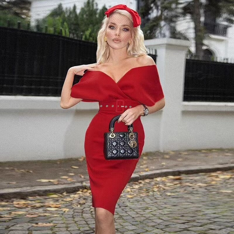 Off-shoulder midi jurk voor dames, een elegante ShellysDress. Geschikt als zomer- of avondjurk.