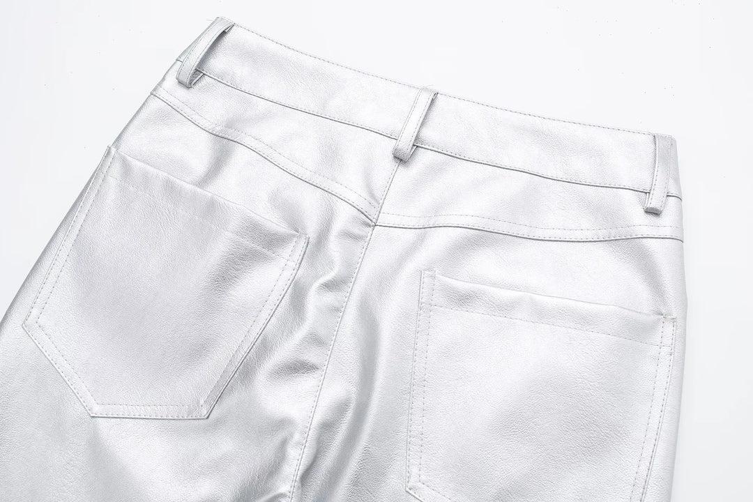 Veelzijdige metallic damesbroek met hoge taille en losse pasvorm. Trendy, comfortabel en stijlvol.