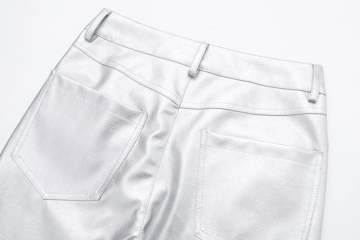 Veelzijdige metallic damesbroek met hoge taille en losse pasvorm. Trendy, comfortabel en stijlvol.