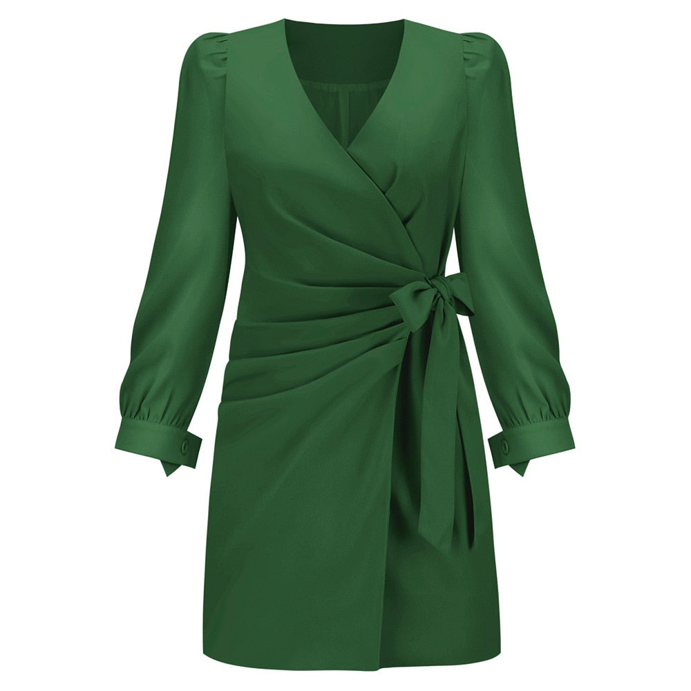 Elegante dames V-hals jurk met lange mouwen, perfect voor stijlvolle herfst- en winteroutfits.
