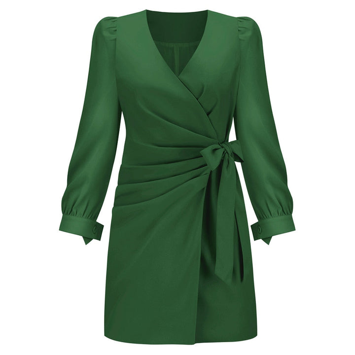 Elegante dames V-hals jurk met lange mouwen, perfect voor stijlvolle herfst- en winteroutfits.