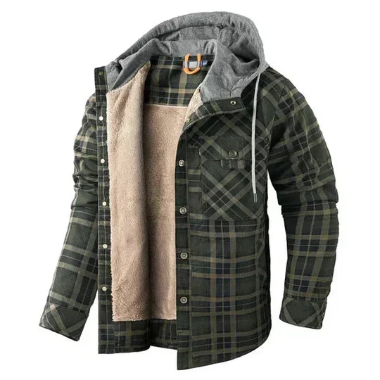 Vooraanzicht van de warme heren geruite capuchonjas, perfect voor modebewuste mannen, casual en praktisch.