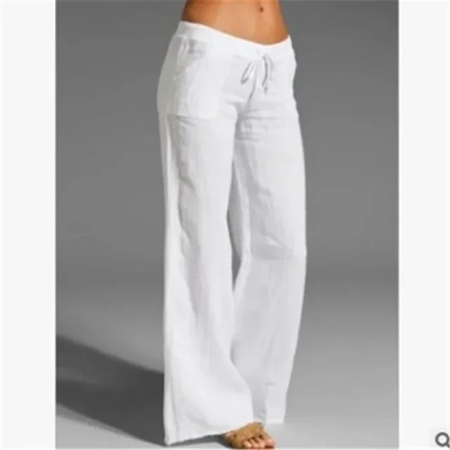 Dames casual zomerbroek met wijde pijpen en trekkoord. Comfortabel en ademend voor warme dagen.