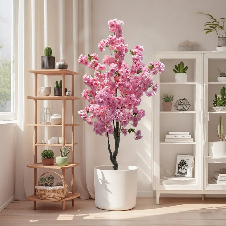 Onderhoudsvrije 150 cm kunstboom kersenbloesem met levendige roze bloesems. Creëert lente sfeer.