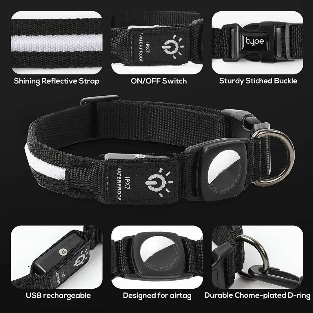 Verlichte hondenhalsband met LED-licht en handige trackerhouder voor huisdierveiligheid in het donker.