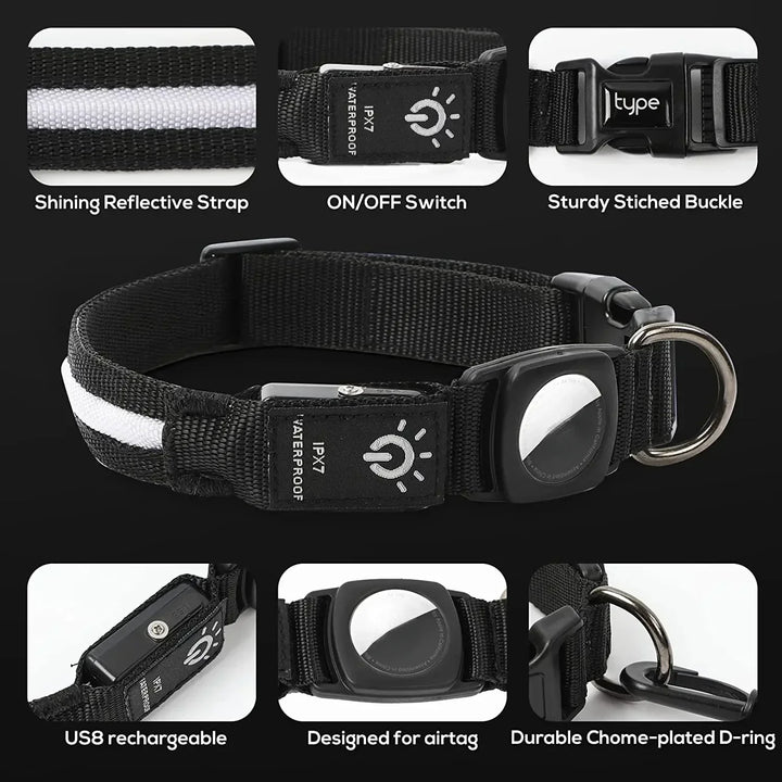 Verlichte hondenhalsband met LED-licht en handige trackerhouder voor huisdierveiligheid in het donker.