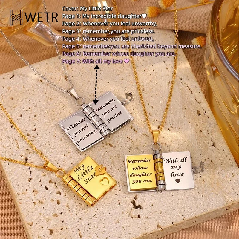 Zilveren of gouden gepersonaliseerde boek halsketting, uniek en tijdloos cadeau.