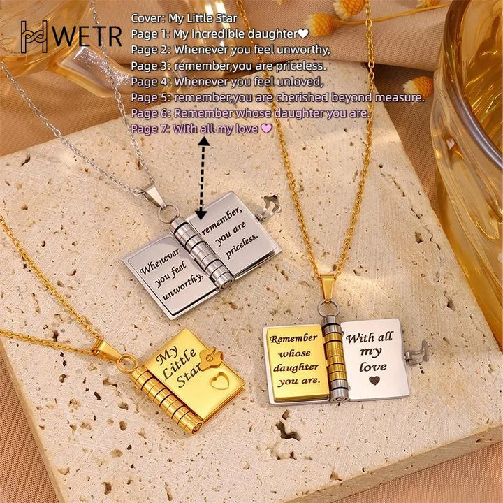 Zilveren of gouden gepersonaliseerde boek halsketting, uniek en tijdloos cadeau.